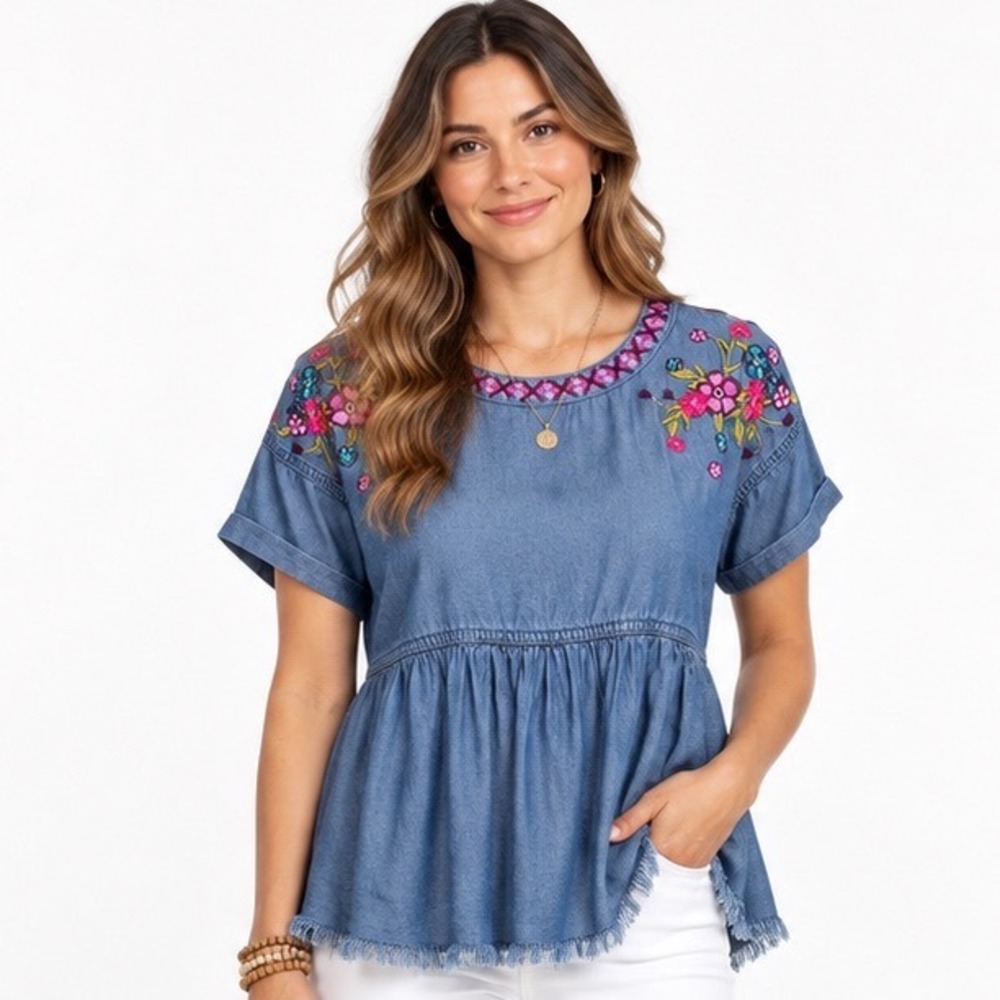 Cato Chambray Top Size S Blue Floral Embroidered Babydoll High Low Fringe Hem